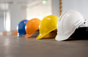 Hard hats in a line