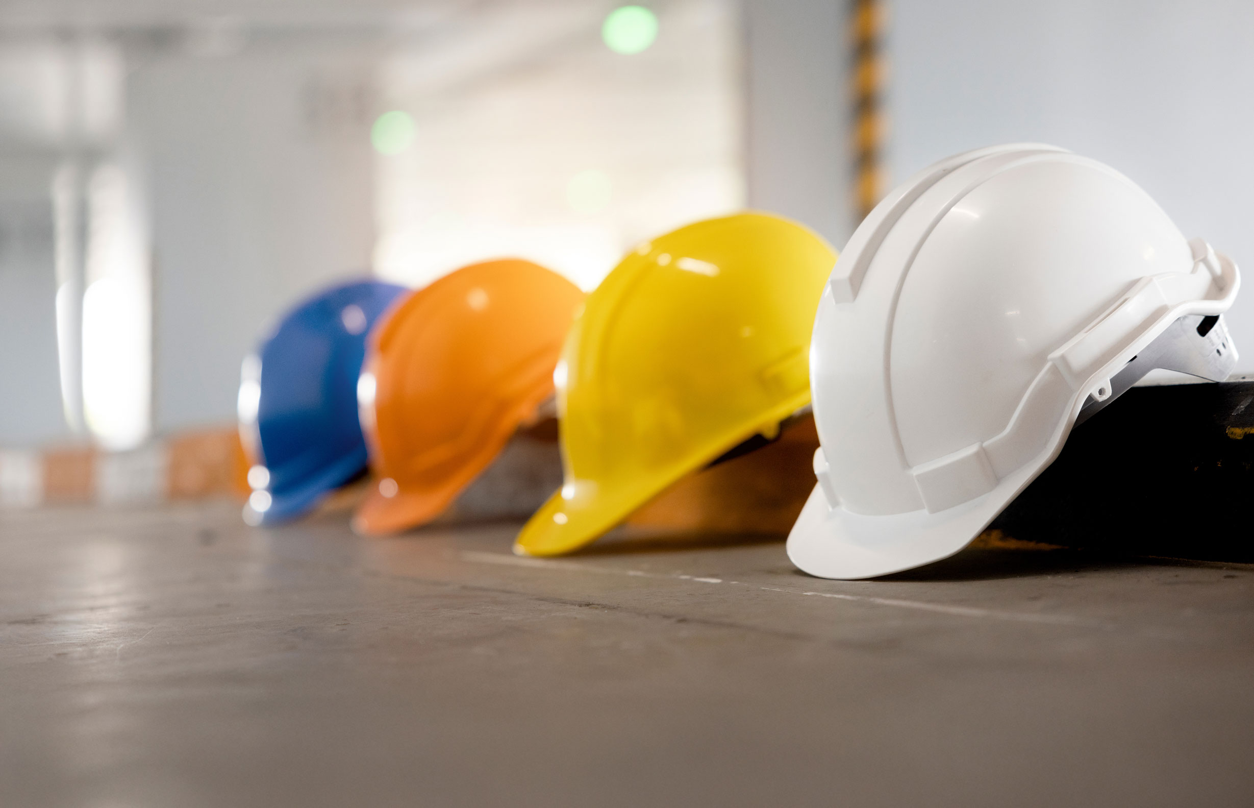 Hard hats in a line